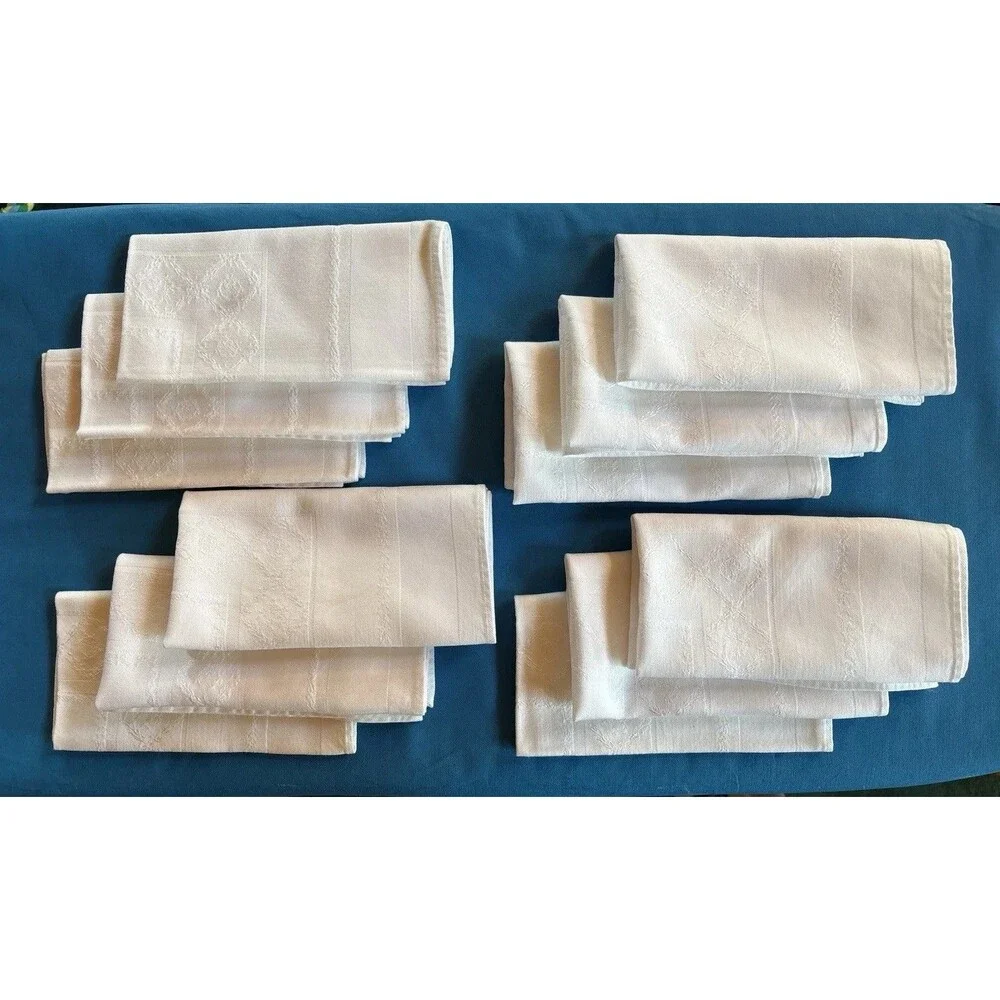 Vtg Set of 12 White Damask Linen Dinner Napkins Country Geometric 15